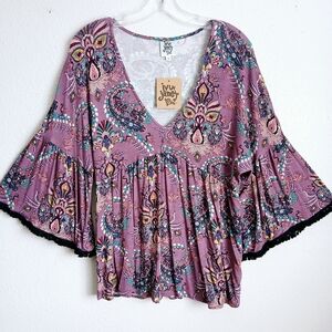Ivy Jane V Neck Pullover Top Women's Size Small Purple Boho Paisley Design